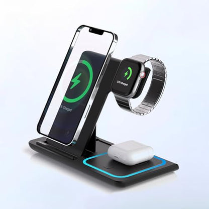 3 in 1 Portable Wireless Fast Charger for Apple & Android, Wireless Charging Station for iPhone17 16 15 14 13 12, Apple Watch & Air pods 4 3 2 Pro, Samsung Galaxy, Black - color: Black