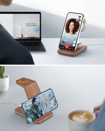 JoyGeek 3 in 1 Charging Station for Apple Devices, Wireless Charger Stand for iPhone 17/16/15/14/13/12/11/SE/X Pro Max Plus - Apple Watch 11/10/9/Ultra 2/8/SE/7/6/5 - AirPods Pro 2/3/2 - color: Woodgrain Color