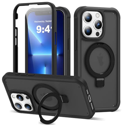 Compatible with iPhone 13 Pro Max Case with Magnetic Ring Stand [Compatible with Mag-Safe] [Built-in Screen Protector] Military-Grade Drop Protection Matte Translucent Phone Case, Black - color: Black, size: Iphone 13 Pro Max
