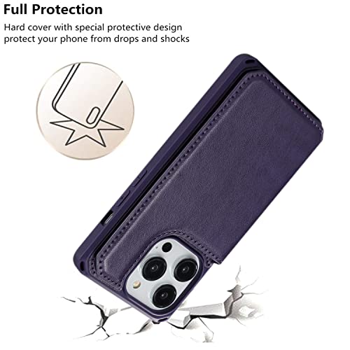 iCoverCase Compatible with iPhone 14 Pro Wallet Phone Case with Card Holder for Women, RFID Blocking Embossed PU Leather Wrist Strap Case 6.1 Inch (Macaron Dark Purple) - color: P-Dark Purple