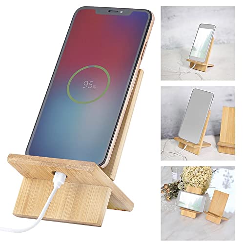 Bamboo Cell Phone Stand with Charging Hole, Detachable Wood Mobile Phone Holder for Desk Tablet Stand Wooden Desktop Dock Cradle for iPhone iPad Samsung and All Smartphones
