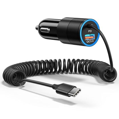 Car Charger USB C,38W Fast Car Adapter Bulit in 3.5FT USB C Coiled Cable - size: 1-Pack