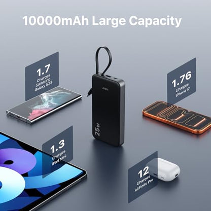 JUOVI 25W Portable Charger 10000mah Power Bank Built-in USB-C Cable - color: Black
