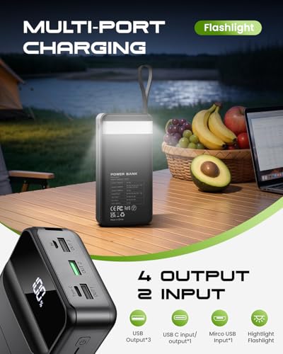 Portable Charger 60000mAh Power Bank 22.5W Fast Charging USB C Battery Pack - color: Black