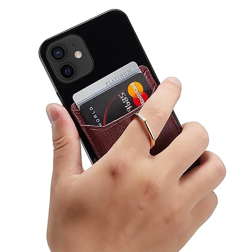Phone Card Holder with Ring Grip for Back of Phone,Adhesive Stick-on Credit Card Wallet Pocket for iPhone,Android and Smartphones (Wine) - color: Wine