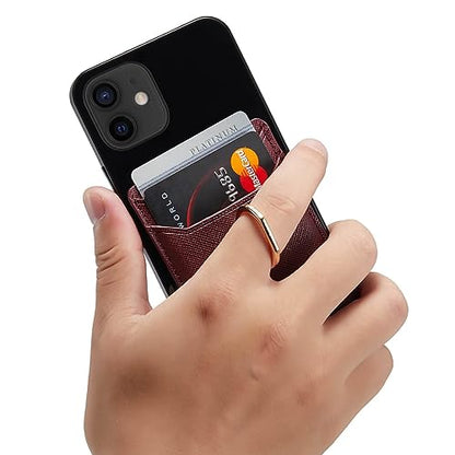 Phone Card Holder with Ring Grip for Back of Phone,Adhesive Stick-on Credit Card Wallet Pocket for iPhone,Android and Smartphones (Wine) - color: Wine