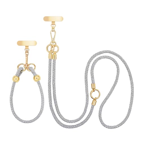 Crystal Phone Strap Crossbody and Wrist Lanyard, Anti Theft Layered & Wrist Strap Cell Phone Neck for Women - color: Light Grey