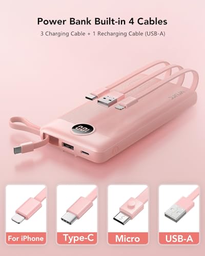VRURC Portable Charger, Slim Power Bank Built-in 4 Cables, Travel Essential - color: Pink