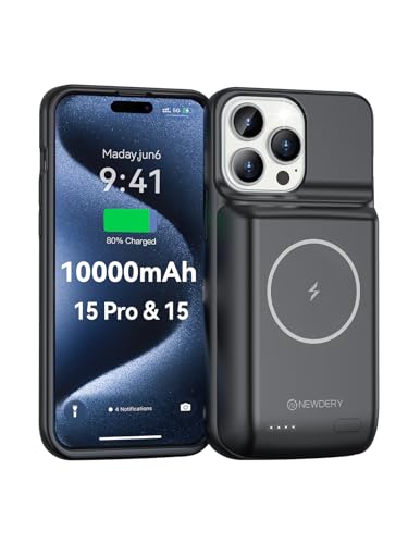 NEWDERY Battery Case for iPhone 15 Pro/iPhone 15 10000mAh, USB C Qi Wireless Charging Case, Portable Rechargeable Extended Charger Case Battery Pack - 2023 Release Black | USB-C, Magnetic Qi Wireless Charging, LED indicators, Extended Battery, Rechargeabl