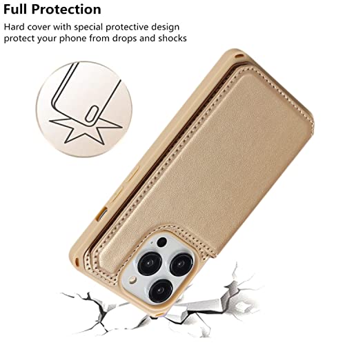iCoverCase Compatible with iPhone 14 Pro Wallet Phone Case with Card Holder for Women, RFID Blocking Embossed PU Leather Wrist Strap Case 6.1 Inch (Macaron Gold) - color: P-Gold