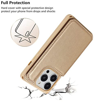 iCoverCase Compatible with iPhone 14 Pro Wallet Phone Case with Card Holder for Women, RFID Blocking Embossed PU Leather Wrist Strap Case 6.1 Inch (Macaron Gold) - color: P-Gold