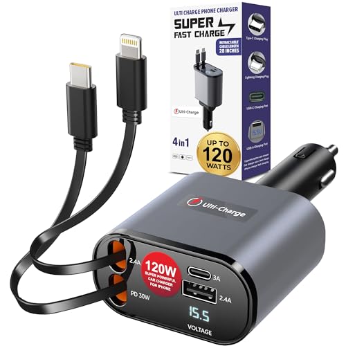 Ulti Charge iPhone Car Charger USB C Fast Charge Retractable 120W 4-Port - size: Retractable Lightning & USBC
