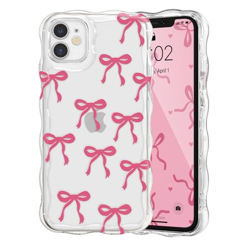 QLTYPRI Bow Case for iPhone 12, Cute Ribbon Bows Wavy Curly Frame Clear Phone Case for Girls Women, Aesthetic Bowknot Transparent Soft Silicone TPU Bumper Shockproof Protective Cover - Hot Pink - color: Hot Pink, size: iPhone 12