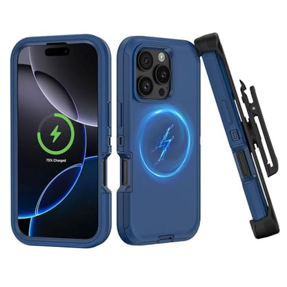 Compatible with iPhone 16 Pro Max Case, with Belt Clip Holster Heavy Duty Magnetic Wireless Charging Full Body Protection Kickstand Cover for iPhone 16 Pro Max 6.9 inch Phone (Navy Blue) - color: Navy Blue