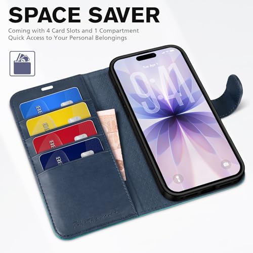 TUCCH Wallet Case for iPhone 17 (6.3") 2025, 4 Card Slots, Blue & Lake Blue | RFID Blocking, Viewing Stand, Shockproof TPU Shell, PU Leather, Magnetic Closure, Protective Folio Flip Cover - color: Two-tone Blue & Lake Blue