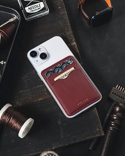 VULKIT Stick on Card Holder Compatible for iphone Leather Cell Phone Wallet Credit Card Case Strong Sticker for Women - color: Wine