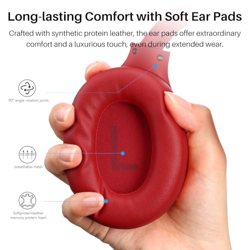 TOZO HT3 Hybrid Noise Cancelling Wireless Headphones, 90H Over Ear Headset - color: Dark-Red