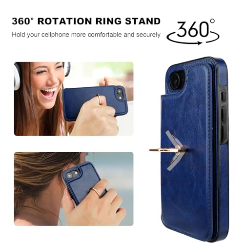 ONETOP for iPhone 17e/16e Wallet Case with Credit Card Holder,Blue | 360° Rotation Ring Kickstand,Finger Grip,Double Magnetic Clasp,RFID Blocking PU Leather Shockproof Cover for Women Men - color: Blue