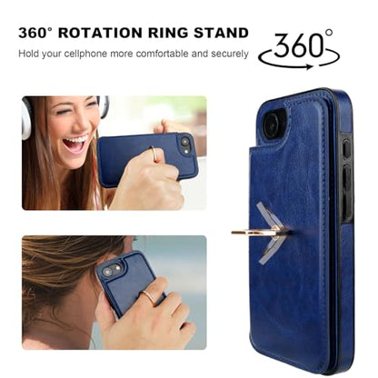 ONETOP for iPhone 17e/16e Wallet Case with Credit Card Holder,Blue | 360° Rotation Ring Kickstand,Finger Grip,Double Magnetic Clasp,RFID Blocking PU Leather Shockproof Cover for Women Men - color: Blue