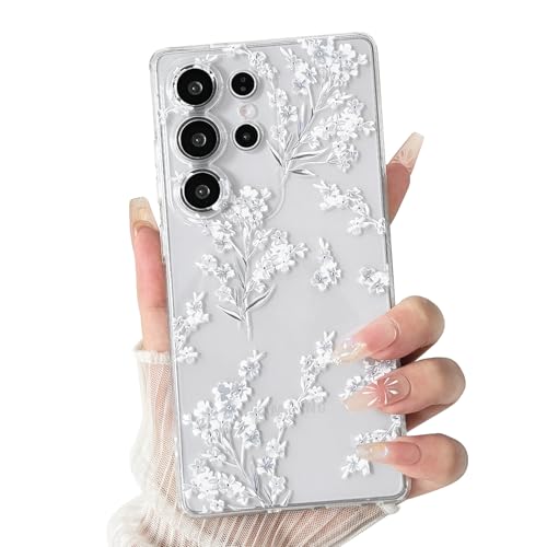 NITITOP Compatible with Samsung Galaxy S25 Ultra Case Clear Cute Flowers Floral Leaves for Women Girls Soft TPU Durable Full Camera Lens Shockproof Protective Cover - White - color: White, size: Samsung Galaxy S25 Ultra