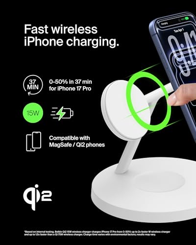 Belkin Qi2 15W Wireless Charging Station, 3 in 1 iPhone Charger - color: White, style: Matte Finish