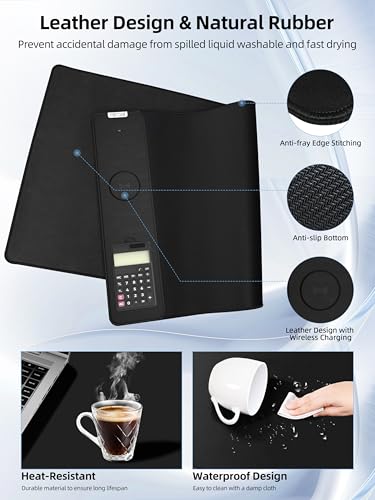 Mouse Pad 31.5x15.75 Inch with Calculator, 15W Magnetic Wireless Charging Desk Mat, XXL Desk Pad, Home Office Large Keyboard Pad with Ultra-Smooth Surface, Non-Slip Base (Black with 20W PD Charger) - color: 31.5x15.75"magnetic Calculator No Rgb-black W/Pd