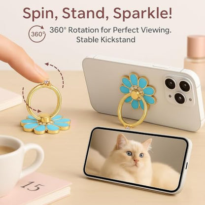 NXVX Daisy Flower Phone Ring Holder, Blue Bling Finger Grip & Kickstand - color: Blue