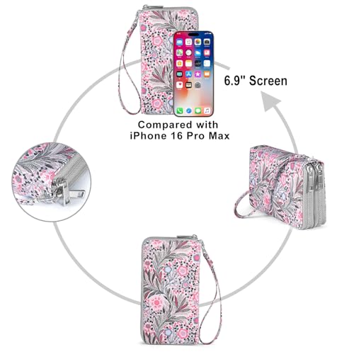 RFID Blocking Cellphone Wallet for Women with Wrist Strap, Double Zipper Travel Clutch Purse Large Capacity, Fissidens Flower - color: Pink Fissidens Flower