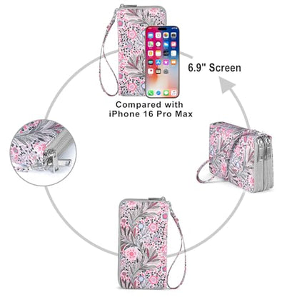 RFID Blocking Cellphone Wallet for Women with Wrist Strap, Double Zipper Travel Clutch Purse Large Capacity, Fissidens Flower - color: Pink Fissidens Flower