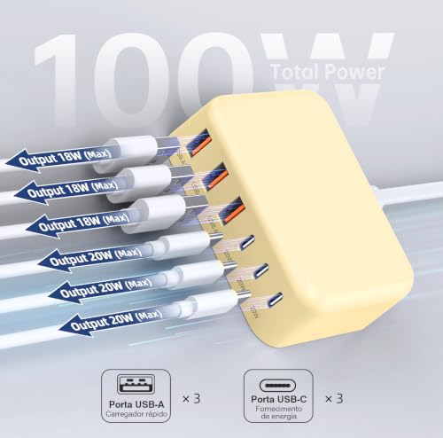 100W 6 in 1 USB Charger, 50% Smaller Charging Station for Multiple Devices - color: Yellow