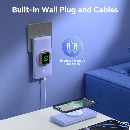 Magnetic 10000mAh Portable Charger for iWatch & iPhone, PD Fast Charging Wireless Power Bank Built-in Cables and Wall Plug, External Travel Battery Pack Compatible with iOS Android Phones - color: Blue
