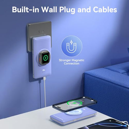 Magnetic 10000mAh Portable Charger for iWatch & iPhone, PD Fast Charging Wireless Power Bank Built-in Cables and Wall Plug, External Travel Battery Pack Compatible with iOS Android Phones - color: Blue