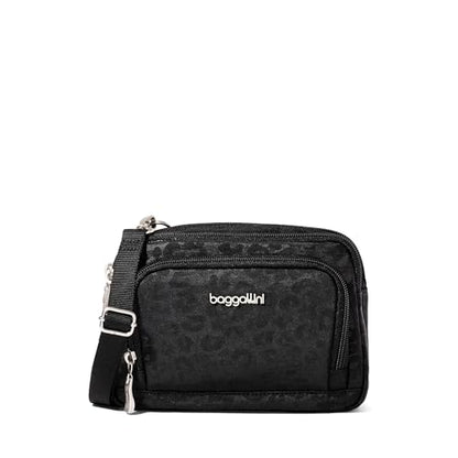 Baggallini Triple Zip with Front Wallet/Trifecta RFID Wallet Crossbody - color: Black Cheetah Emboss