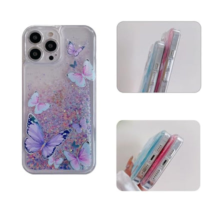 Compatible with iPhone 13 Glitter Butterfly Case Glow in The Dark Women Girls Girly Bling Sparkle Flowing Quicksand Light up Case Soft TPU Bumper Luminous Clear Phone Cover, Purple - color: Purple, size: iPhone 13