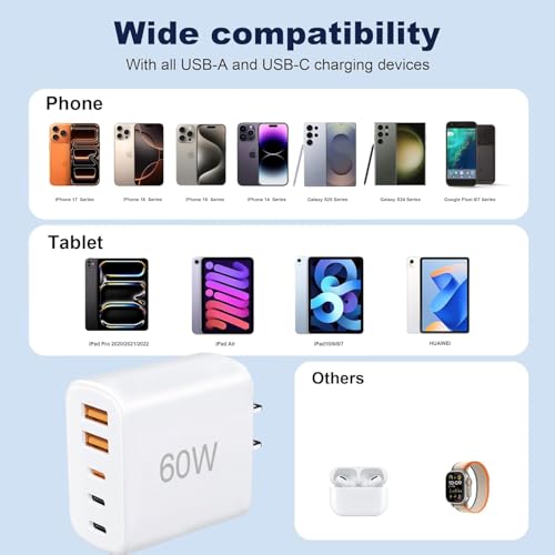 USB C Charger Fast Charging, 5 Port Multi USB C & A Wall Charger Block with 4FT and 6FT Long Type C Cable, 60W PD Power Adapter for iPhone 17/16/15,Samsung Galaxy S26/Z Fold7/C55/A52