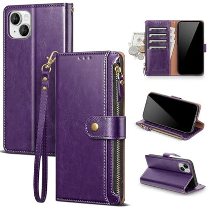 Compatible with iPhone 13 Wallet Case with Card Holder RFID Blocking Zipper Poket PU Leather Flip Phone Case with Wrist Strap Credit Card Slots Men Women,for Apple 13 6.1",Dark Purple - color: Dark Purple, size: iPhone 13 - 6.1"