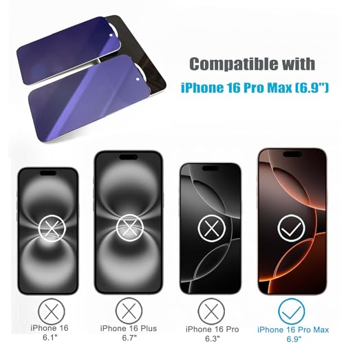 2 Pack Compatible with iPhone Privacy Screen Protector, Anti-Spy Anti-Blue Light Eye Protection Tempered Glass Film, Scratch Resistant, Full Coverage, Case Friendly (for iPhone 16 Pro Max) - size: for iPhone 16 Pro Max