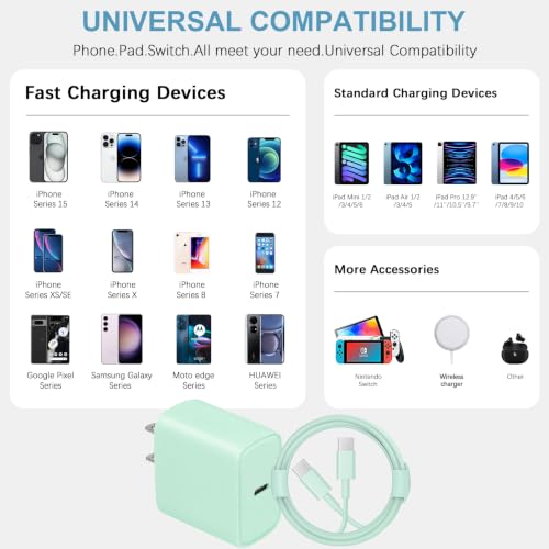 3FT iPhone 17 16 15 Charger Fast Charging USB C Charger Block - color: Green, size: 3FT
