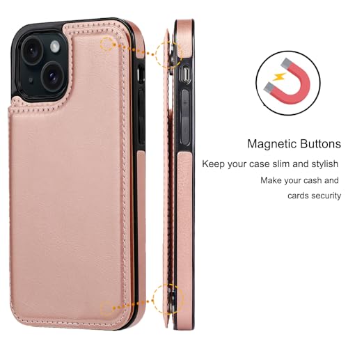 Wallet Case Compatible with iPhone 15,Slim Protective case with Card Holder,Premium PU Leather Kickstand Card Slots Case with 1 Screen Protective Glass for iPhone 15 (6.1")-Rose Gold - color: Rpse Gold