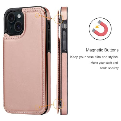 Wallet Case Compatible with iPhone 15,Slim Protective case with Card Holder,Premium PU Leather Kickstand Card Slots Case with 1 Screen Protective Glass for iPhone 15 (6.1")-Rose Gold - color: Rpse Gold