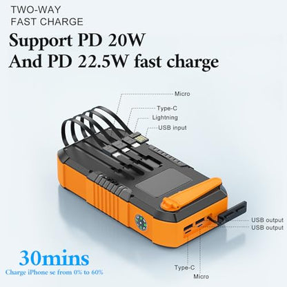 Solar Power Bank 66800mAh Built in Hand Crank for Camping and Hiking - color: orange
