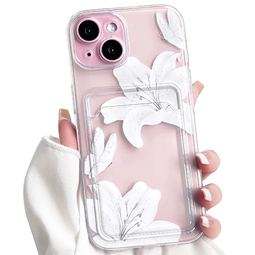 NITITOP Compatible with iPhone 15 Case with Card Holder Clear Cute Floral Lily Flowers Butterfly for Women Girls Soft TPU Shockproof Wallet Case Protective Phone Cover - White - color: White, size: iPhone 15