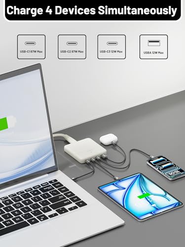 USB C Charging Station Slim, 67W Max 4-Port GaN Desktop Charger - color: White