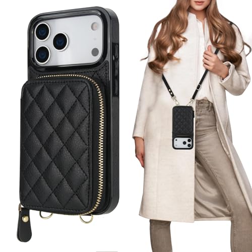 Bocasal Crossbody Wallet Case Card Holder for iPhone 17 Pro Max Black | RFID Blocking PU Leather Zipper Handbag Purse, Kickstand Flip Folio Case with Card Slots Holder Wrist Strap Lanyard 6.9 Inch - color: Black