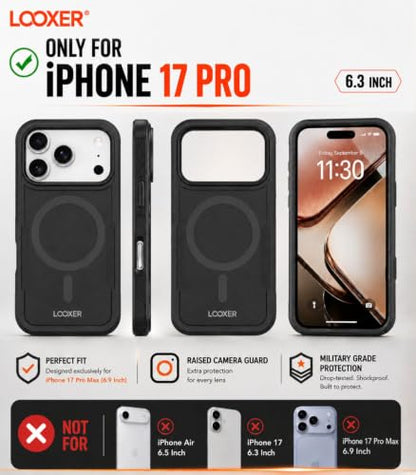LOOXER® Heavy Duty Rugged Magnetic Case for iPhone 17 Pro (6.3”) | Military Grade Shockproof Protection,MagSafe Compatible+ Tempered Glass Included (Black, 17 Pro) - color: Black, size: 17 Pro