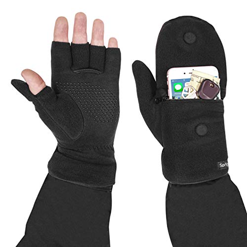 Sprigs Multi Mitt Fingerless Gloves With Adjustable Top & Cell Phone Pocket - color: Jet Black