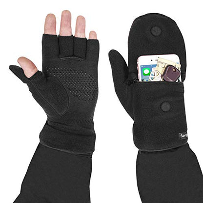 Sprigs Multi Mitt Fingerless Gloves With Adjustable Top & Cell Phone Pocket - color: Jet Black