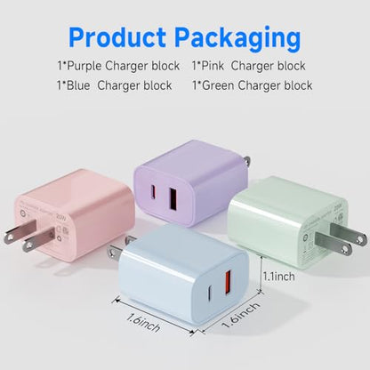 4Pack 20W USB C Charger Block Colorful Dual Port PD Charger & QC 3.0