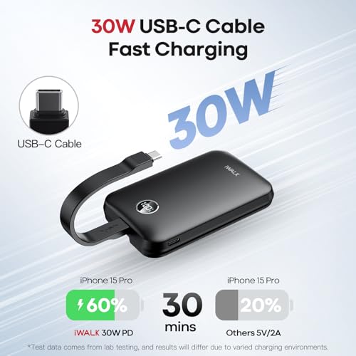 iWALK Magnetic Power Bank 10000mAh, 30W Wireless Portable Charger with Fast Charging USB-C Cable,Qi2 Certified 15W Battery Pack with LED Display for iPhone 17/16/16 Pro/15/14/13 Series, Samsung Galaxy - color: Black