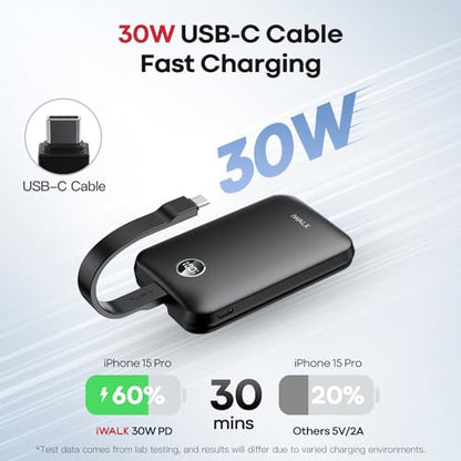 iWALK Magnetic Power Bank 10000mAh, 30W Wireless Portable Charger with Fast Charging USB-C Cable,Qi2 Certified 15W Battery Pack with LED Display for iPhone 17/16/16 Pro/15/14/13 Series, Samsung Galaxy - color: Black